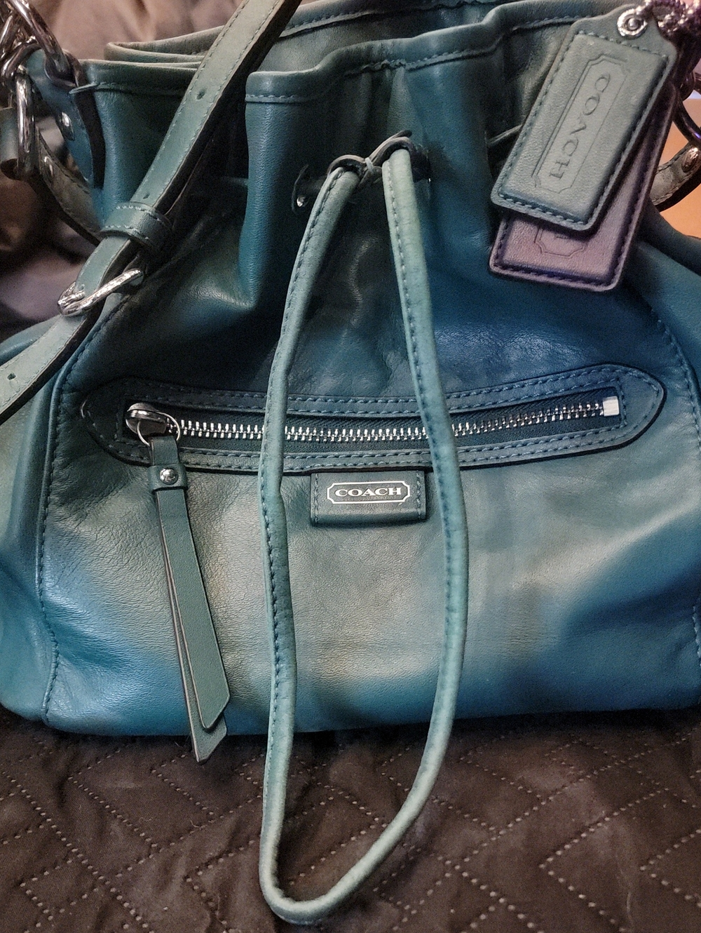 Coach Teal Drawstring Leather Shoulder Bag